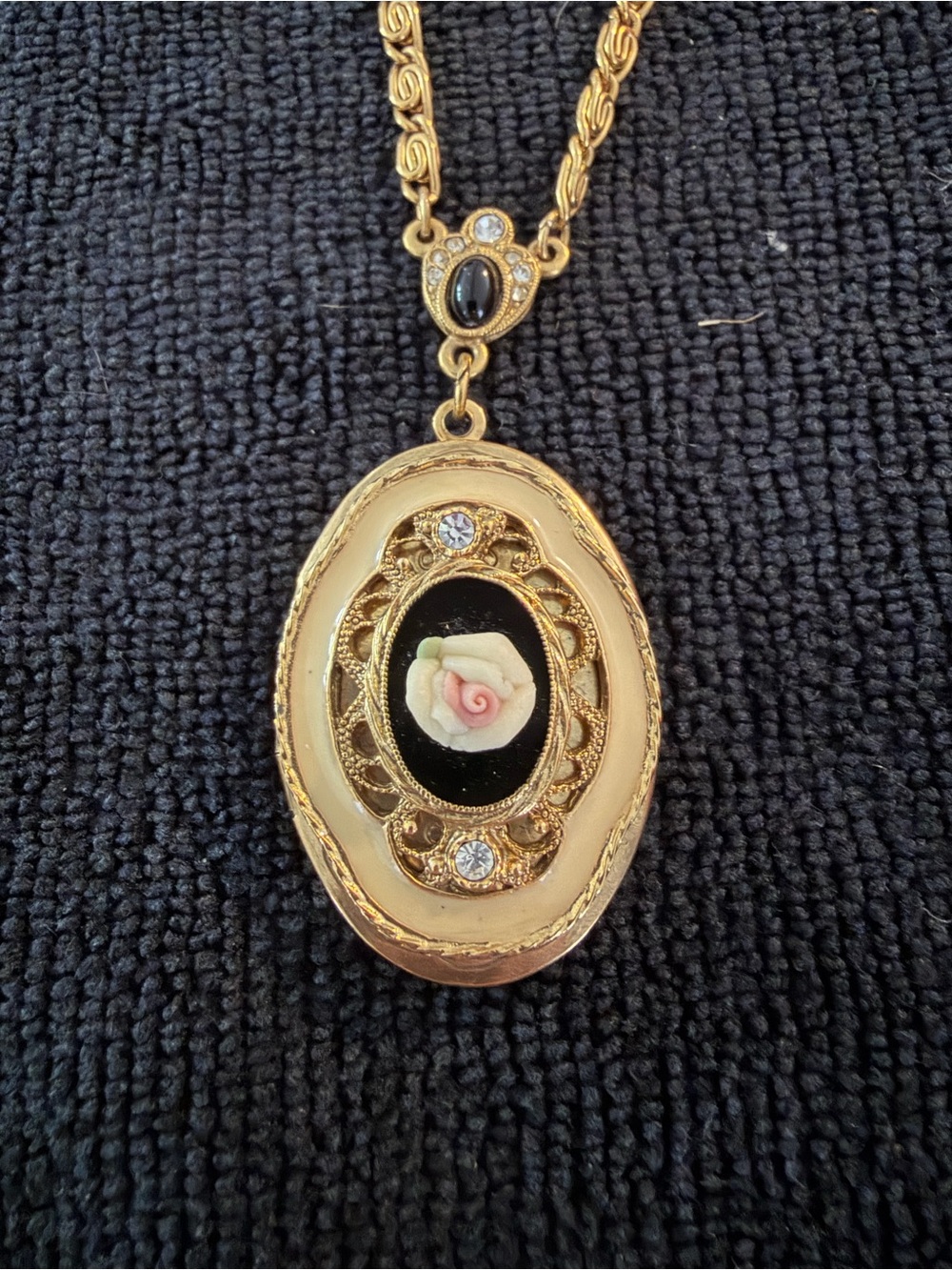 Gold-Tone Floral Cameo Pendant Necklace with Pink Rose on Black - Picture 1 of 6
